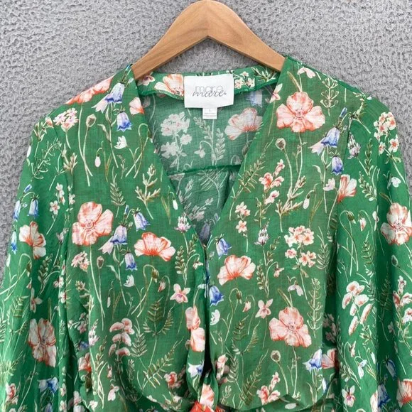 Anthropologie Mare Mare Top Womens L Green Floral Long Balloon Sleeves Tie Front - Picture 2 of 12